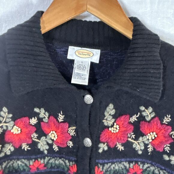 Vintage Cardigan Sweater Large Black Lambswool Silk Floral Embroidered 3D Talbot - Picture 11 of 16